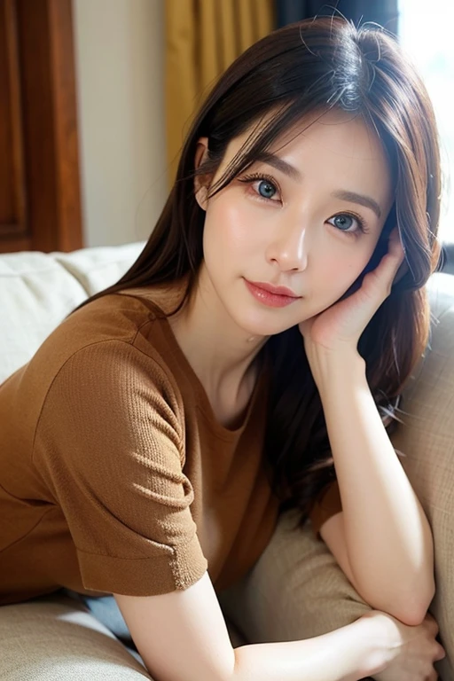 40 years old、 casual、sofa、Beautiful eyes、 natural light
