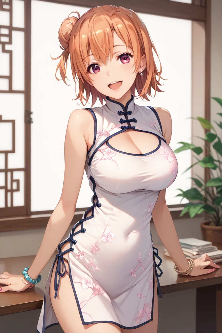 1girl, solo,
yui yuigahama, short hair, brown eyes, orange hair, hair bun, single hair bun,
(masterpiece、Highest quality、Very detailed)), One girl, gyaru, Large Breasts, 
china dress,
smile, open mouth,