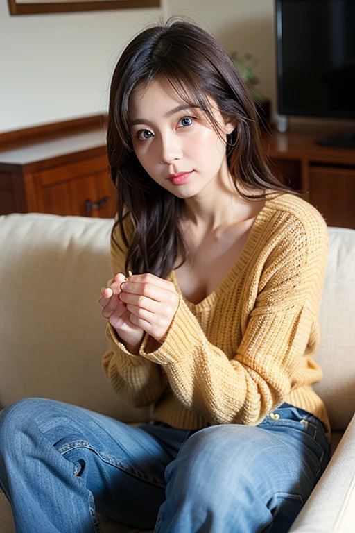 40 years old、 casual、sofa、Beautiful eyes、 natural light
