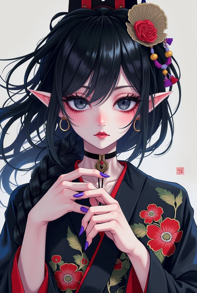 1girl,bangs,black eyes,black hair,black nails,blue eyes,braid,eyeshadow,fingernails,floral print,grey eyes,hair ornament,holding,horns,japanese clothes,kimono,lipstick,long fingernails,long hair,looking at viewer,makeup,nail polish,open mouth,pink nails,pointy ears,purple nails,red nails,scales,sharp fingernails,solo,string,teeth,upper body