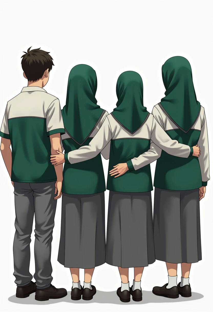 "One boy and three girls wearing SMK safety wearpack uniforms, with their backs facing the viewer, standing side by side with arms around each other's shoulders. The girls are wearing long gray skirts that cover their legs to their shoes, while the boy is wearing gray pants. The girls' safety wearpacks are long-sleeved, with white on the shoulders, upper back, and collar areas, and green for the rest of the outfit, with black line accents. Each girl is wearing a long headscarf."