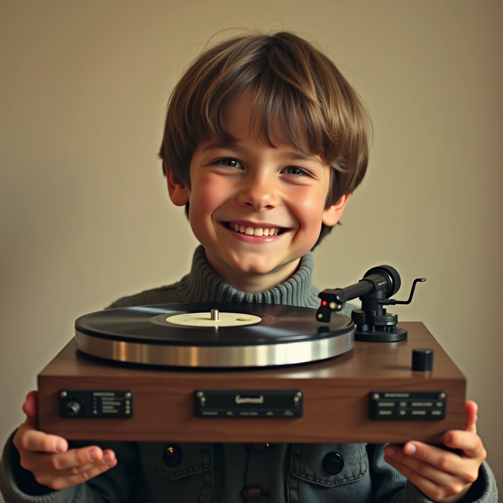 realistic photograph, A Record jacket with record sticking out, record sleeve. A record jacket of a smiling boy holding a record player of Garrard Model 301 close to his chest. minimalism, Vintage Record Player, Garrard Model 301