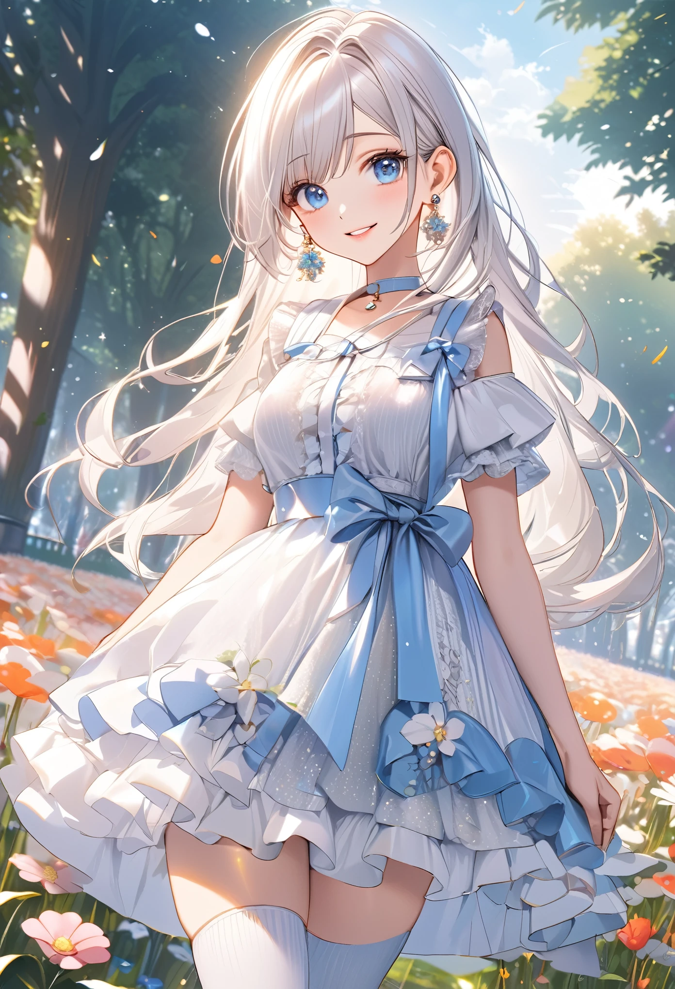 Anime style, anime illustration, masterpiece, best quality, details, 8K, high resolution, park, flower field, sky, girl, smiling, standing, looking at viewer, straight hair, shiny hair, white hair, blue eyes, big eyes, fair skin, frilly clothing, dress, earrings, choker, knee socks, boots, Pastel Academia, fantasy, cute, line drawing, full body shot, close-up, front view, sunlight, cinematic lighting
