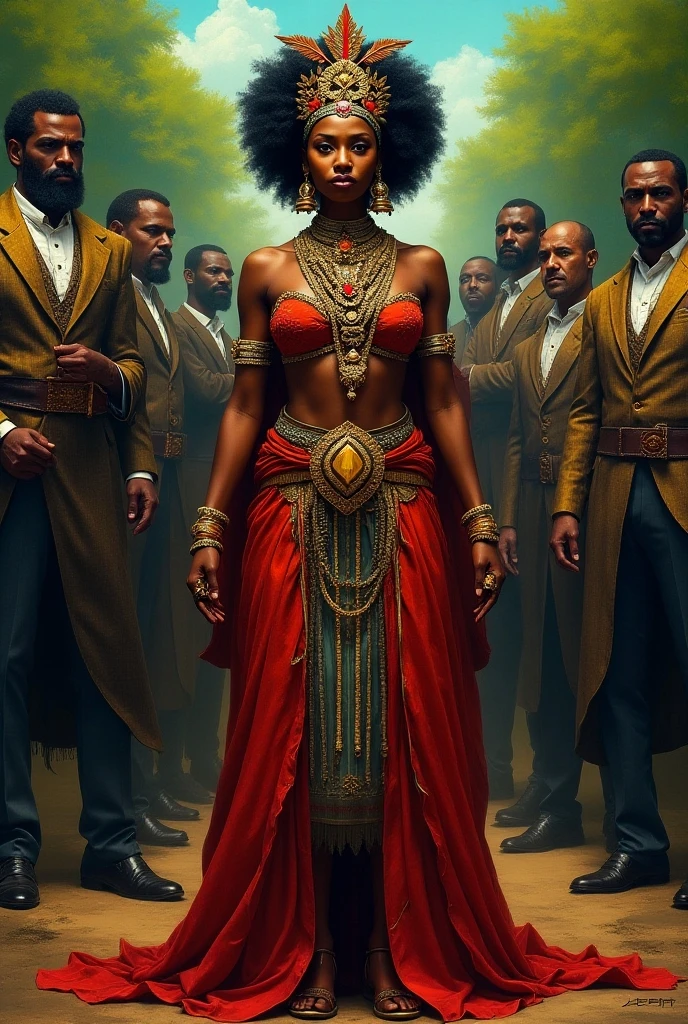 digital art, (black girl , Harem with African warriors, discreet smile, beautiful look), (sitting on a bench, surrounded by men , Directed by: Daniil Suponitskiy jpegman