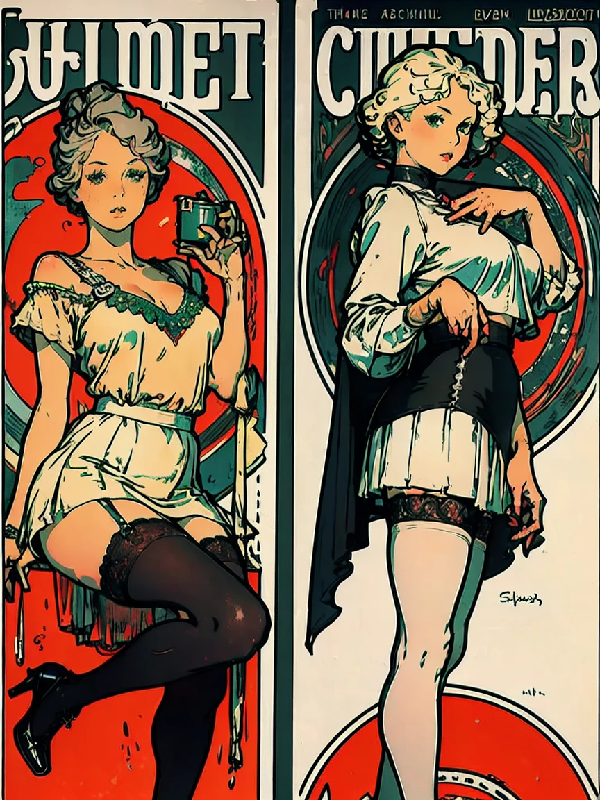 perfect anatomy, Tarot、A woman with a toned body, 1girl, Alone, A handgun in her hand , Grey Hair, Big Breasts,  shorthair , ((white social blouse ,  black tight mini skirt、 embroidered lace garter stockings )),  black high heels,  serious expressions, Light green eyes, ancient ruins ,  black tuxedo , retro art style
