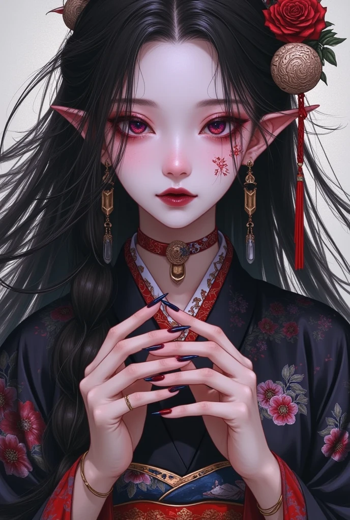 1girl,bangs,black eyes,black hair,black nails,blue eyes,braid,eyeshadow,fingernails,floral print,grey eyes,hair ornament,holding,horns,japanese clothes,kimono,lipstick,long fingernails,long hair,looking at viewer,makeup,nail polish,open mouth,pink nails,pointy ears,purple nails,red nails,scales,sharp fingernails,solo,string,teeth,upper body