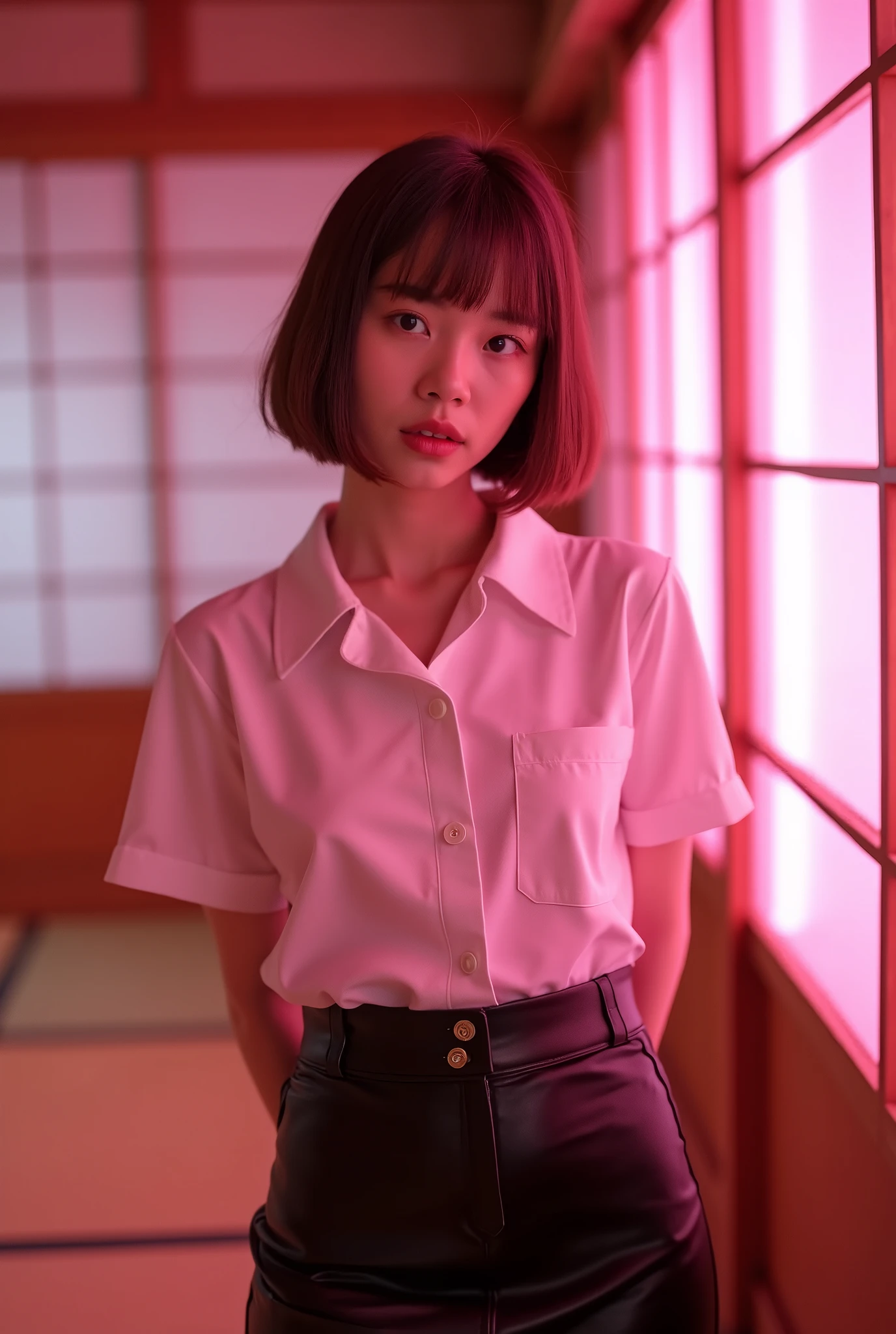 ((Japanese actress)) ((Plump and Shiny Lips)) ((Short bob hair with bangs and brown hair)) ((Looking into the camera)) ((White button shirt and black enamel tight skirt)) Low-angle shot of a person standing facing forward look down ((A room with shoji and tatami mats lit up in pink neon lights))
