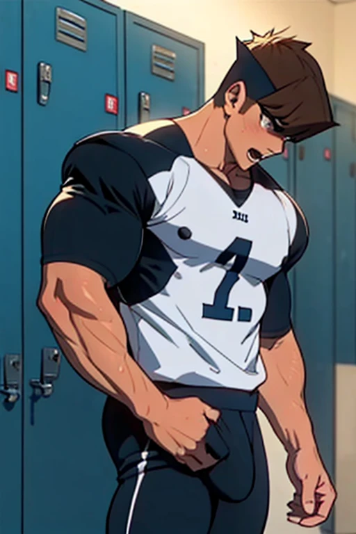 Seto Kaiba from Yu-Gi-Oh, bodybuilder, sweaty, defined body, big legs, locker room, leaning against the lockers, wearing football uniform, vapid stare, sweaty body, big bulging crotch, shoulder pads, football jersey, football cleats, football pants, hypnotized blank stare, open mouth, hyper muscles, hyper swollen crotch bulge, bro, dumber, IQ drain, meathead, musclehead, dumb jock, brainwashed, flexing, hyper crotch bulge, big biceps, big triceps, big traps. broad shoulders, big meaty pecs, big thighs, thick glutes, bubble butt, hyper muscles, football team assimilation, brainwashed, brainwashing, glowing eyes, bro, mindless, brute, "I am a big dumb jock boy.... I am a big dumb jock boy.... I am a big dumb jock boy.... Make more jocks.... Join the team.... You'll be a big dumb jock boy.... Obey, be a good dumb jock boy.... Grow to a big dumb jock boy....  Become just a big dumb jock boy.... No more than a big dumb jock boy.... Give up. Give in. Transform. Enjoy the fate of a big dumb jock boy. Like me, you're a big dumb jock boy.... I am a big dumb jock boy.... Just be a big dumb jock boy.... Must be a big dumb jock boy.... No more than a big dumb jock boy...."