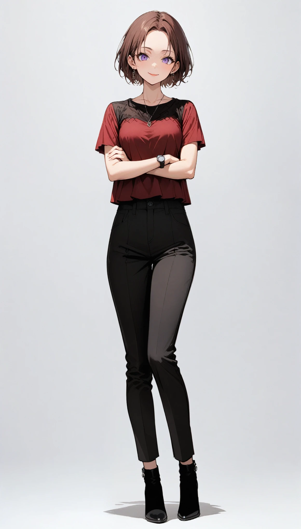 {{masterpiece}},((White background)),((from front、full body)) , portrait、 cowboy shots、 Attention to Details 、1 adult female、medium breasts、 perfect proportions、Reddish brown hair、pixie cut、Purple Eyes、forehead, parted bangs、Cheerful smile、 closed mouth 、red short sleeve blouse、Black skinny pants、watch、Standing in black high heels、crossed arms、lipstick、Small earrings、Photograph from the front、Photograph the whole body、Contemporary Fashion