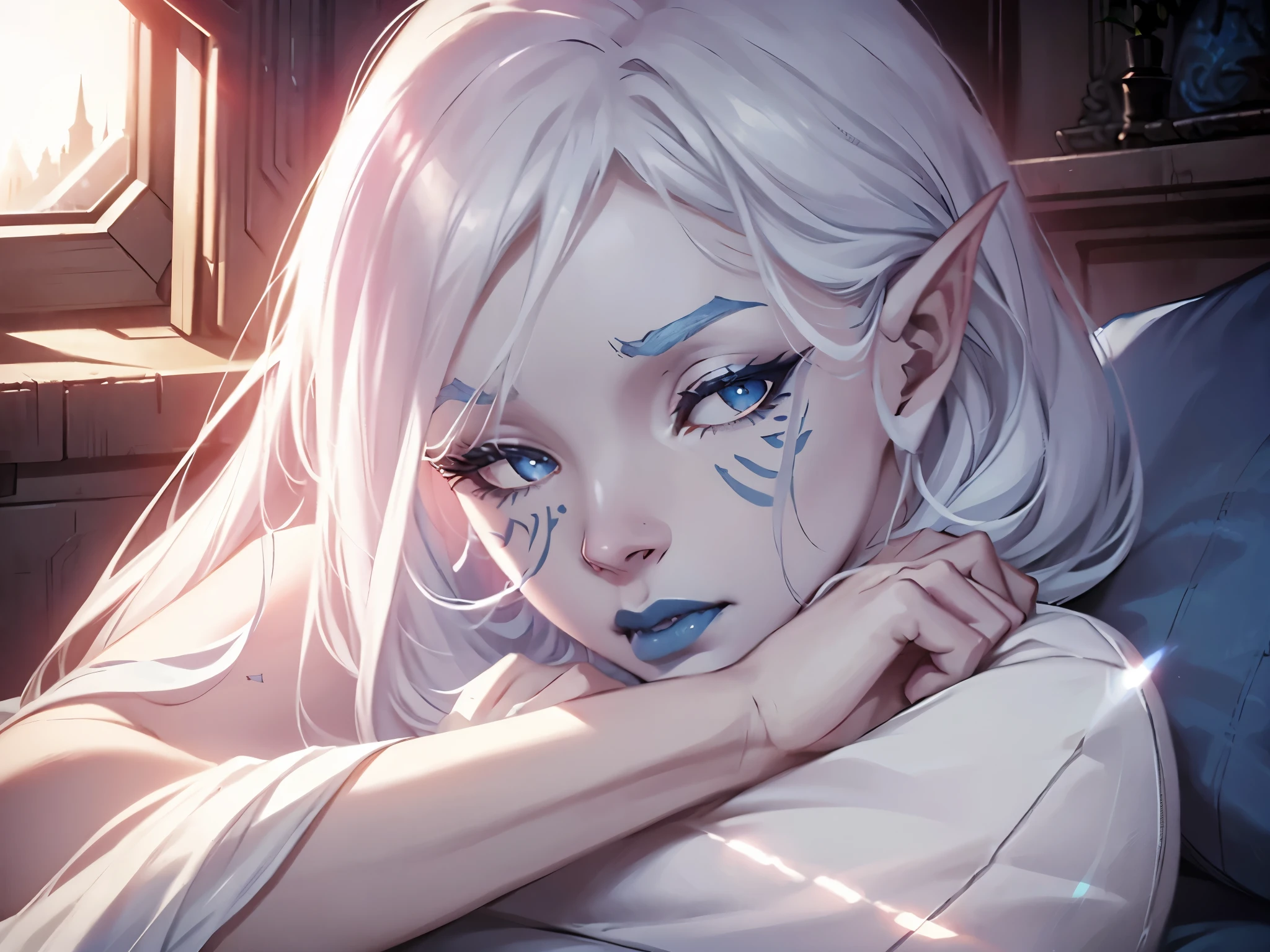 star wars, jarael, alabaster skin, long white hair, ((blue lips)), ((white eyebrows)), curled up, asleep on a plush pillow, sun shining on her, bedroom, peaceful, red nightgown, facial tattoos