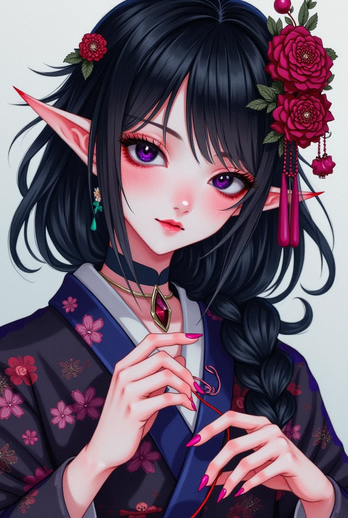 1girl,bangs,black eyes,black hair,black nails,blue eyes,braid,eyeshadow,fingernails,floral print,grey eyes,hair ornament,holding,horns,japanese clothes,kimono,lipstick,long fingernails,long hair,looking at viewer,makeup,nail polish,open mouth,pink nails,pointy ears,purple nails,red nails,scales,sharp fingernails,solo,string,teeth,upper body