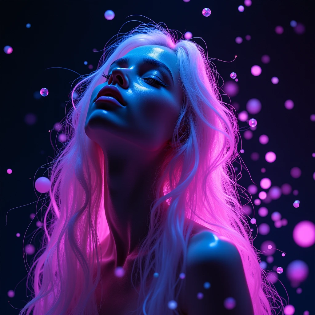 Purple black blue neon colors were splashing on the girl like rich people Around the girl with beautiful long white hair, glass bright red black purple blue balls were flying The colors seemed to represent the stars and planets in the sky 