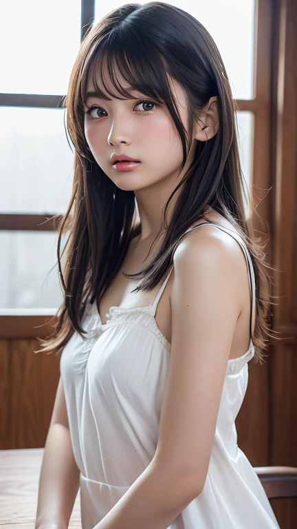 masterpiece, Best Quality, 8K, 20 yo, huge breasts, cuddly, Solo, sad, Cute, Girly, Delicate girl, Neat and clean beauty, Raw photo, Professional Photography, Portrait, Soft light, Professional Lighting, Back lighting, Upper body, front view, Sophisticated, Film grain, (Eyes and faces with detailed:1.0), ponytail, short length floating hair, beautiful flowing hair, bangs, white jabot, off shoulder