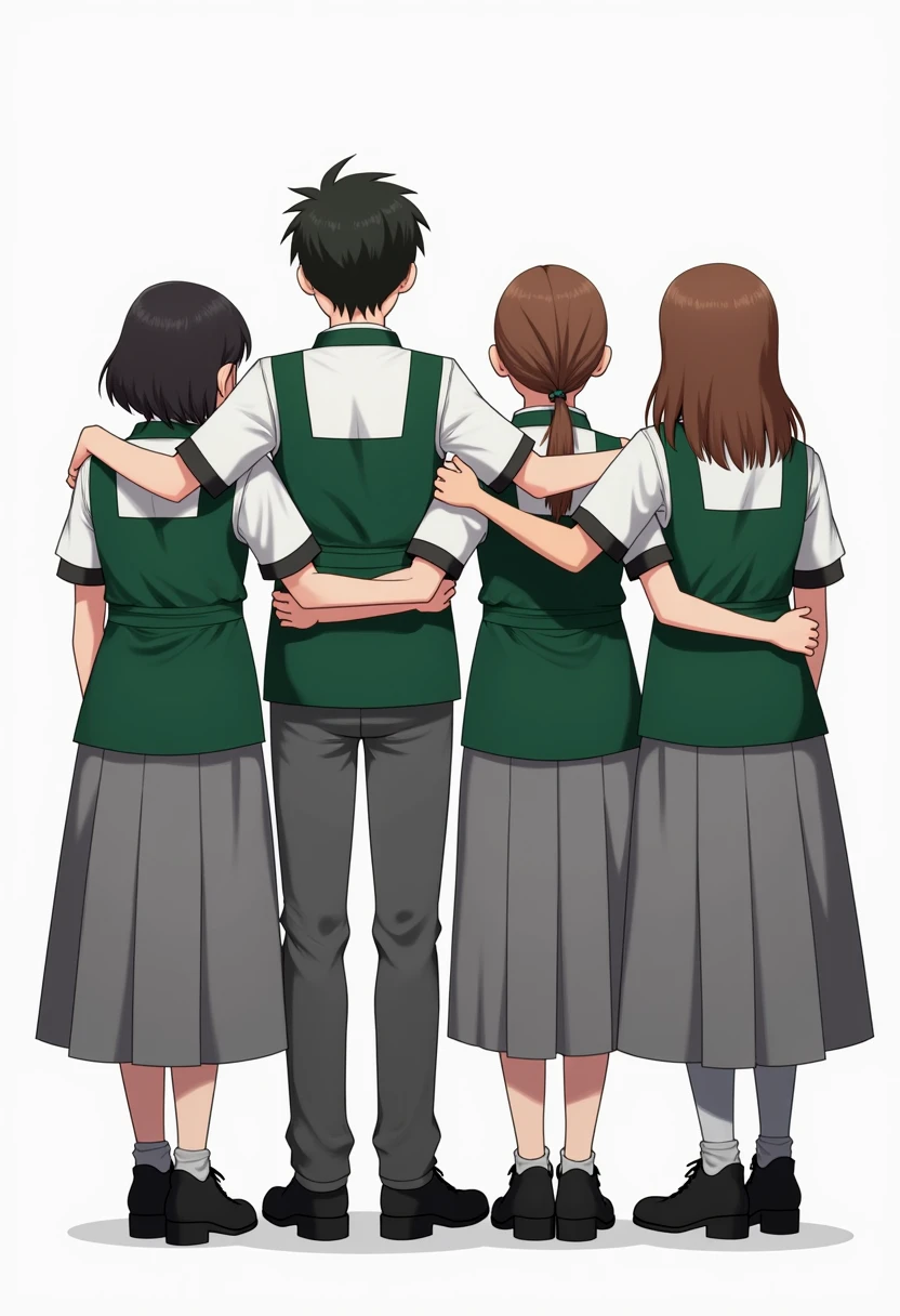 "One boy and three girls wearing SMK safety wearpack uniforms, with their backs facing the viewer, standing side by side with arms around each other's shoulders. The girls are wearing long gray skirts that cover their legs to their shoes, while the boy is wearing gray pants. The girls' safety wearpacks are long-sleeved, with white on the shoulders, upper back, and collar areas, and green for the rest of the outfit, with black