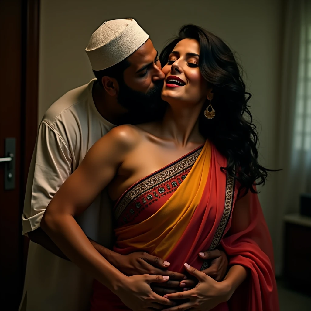 Young muscular Hindu pandit, fat pregnant muslim women wearing hijab,together doing kissing infront of muslims men's