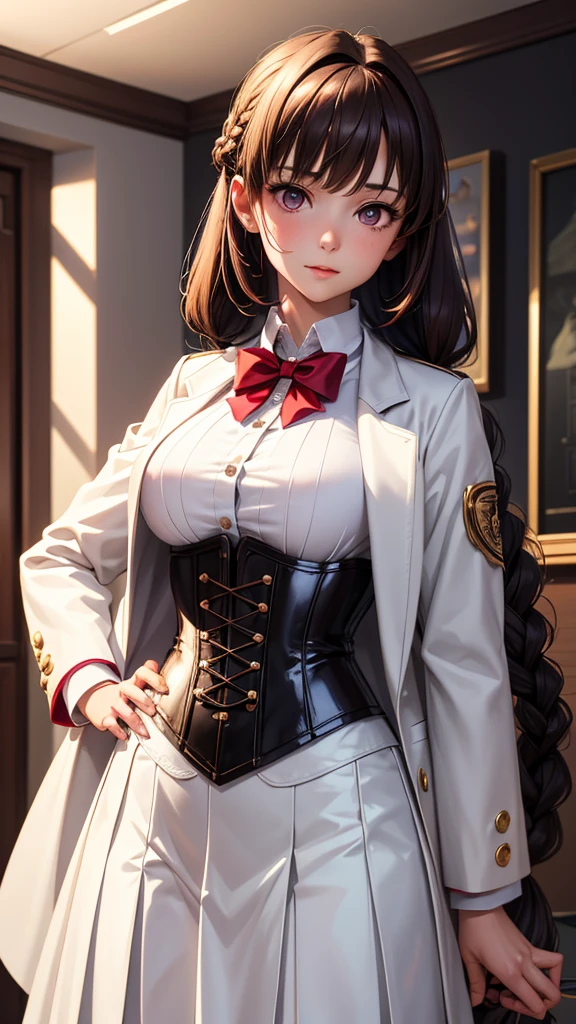 1 Girl, Beautiful portrait of Lobapex, sports, White jacket, Corset, skirt, pants,  dark hair , Redhead, braid, cosmetic, choker, Lysis, Wide hips, Volumetric Lighting,  is of the best quality, masterpiece, Intricate details, Tone Mapping,  clearly focuses ,  Highly detailed , Trending on ArtStation,  actual   