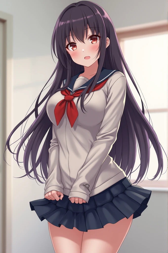 A beautiful woman with long, shoulder-length hair, ???????????, and beautiful legs is standing in a school hallway with a stunned expression in a dark purple miniskirt sailor uniform.。