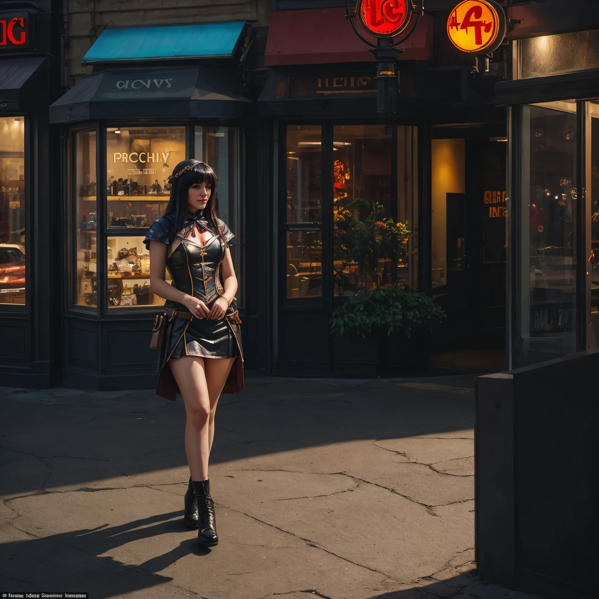 Enhanced Realism: Create a hyper-realistic image of a beautiful woman cosplaying [Furude Rika], with crisp details in her costume and a well-defined urban environment. Focus on Detail: Produce a high-resolution image where every component of the costume, from fabrics to accessories, is clearly detailed, and the urban environment shows realistic textures and elements. Textures and Materials: Generate an image that highlights the textures of the cosplay costume, including fabric, metal accessories, and any other materials, with accurate reflections and shadows. Environment and Scenery: Create an urban scene with modern buildings, city lights, and street elements such as cars, road signs, illuminated shops, and people in motion, while maintaining a high level of detail and realism in each component. Buildings should have realistic architectural details, windows with reflections and lights that add depth to the scene. Props and Cosplay Elements: The costume should include character-specific details, such as jewellery, weapons, or any other distinctive accessories, with a clear focus on texture and shine. Include detailed make-up and hairstyle befitting the character, highlighting vivid colours and design accuracy. Interaction with the Environment: The woman cosplaying should be interacting with the urban environment, such as walking down a street, posing by a fountain, or sitting on a park bench, with realistic shadows and reflections that give depth to the image. Lighting and Shadows: Use natural day or night lighting depending on the context of the cosplay, with detailed shadows and lighting effects that bring out the sharpness of the costume and environment. Include lighting details of buildings, such as neon signs, lampposts and illuminated shop windows, that add atmosphere to the scene. Technical settings: Use ultra high definition to ensure edge sharpness and colour accuracy. Apply realistic lighting and detailed shadows to increase the depth and realism.