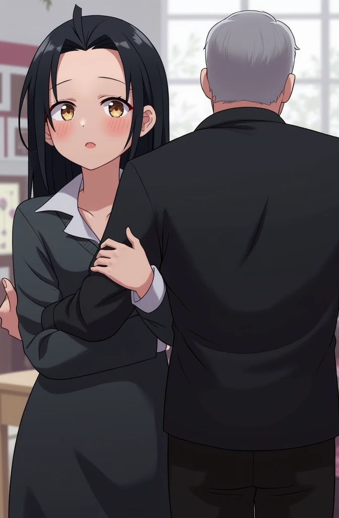 NSFW, anime, realistic,best quality, masterpiece,1girl, deepthroat, hand on head, blowjob, sucking a cock with a cock in her mouth, irrumatio, tears, close eyes, completely, (Nose Blush:1,2) , Sweaty, orgasm face, cute, shaven head boy, nude boy, orgasm face, hetero, tsukatsuki_rio, 1girl, solo, black long hair, breasts, bangs, red eyes, halo, black hair, long sleeves, holding, black pantyhose, thighs, parted lips, blunt bangs, (white shirt, black jacket, black skirt:1.3) (nipple:1.4), large breasts, (side view:1.2), face in profile, face close up, cute, cute face, upper body,