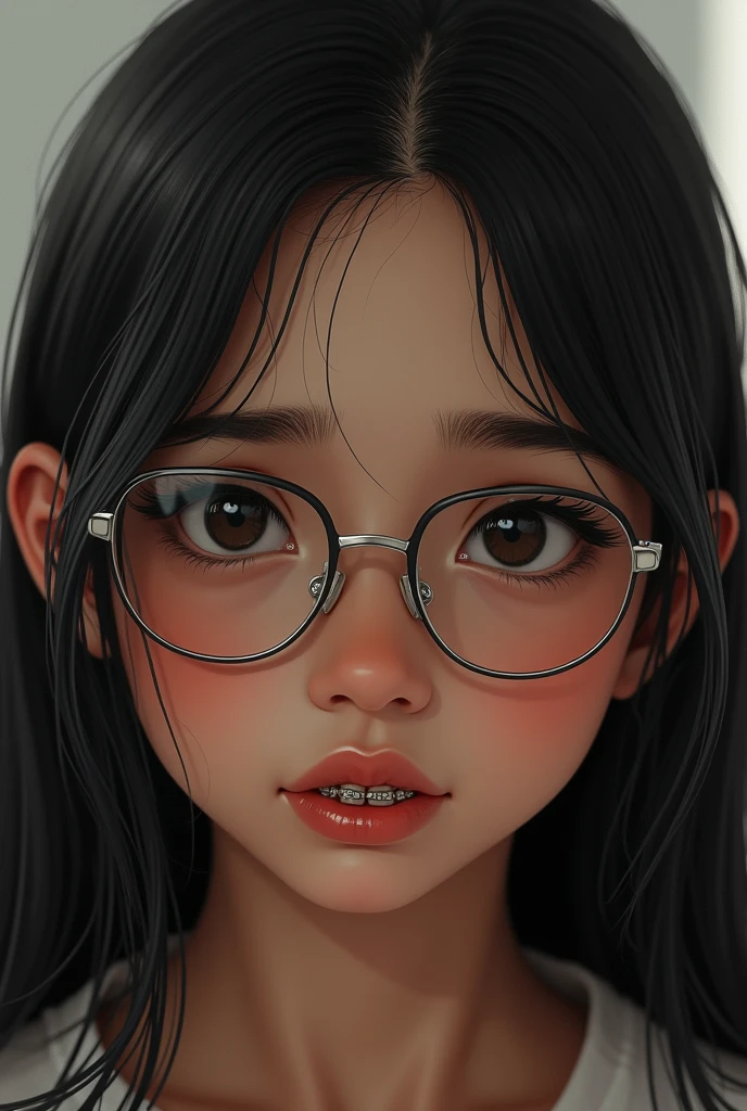 Erotic、Bedroom、Completely naked、slender、very beautiful and white skin　A girl about 10 years old、Glasses、Black Hair、Sweat、Expressionless、Close-up of face　child　Small　Big eyes　Small breasts