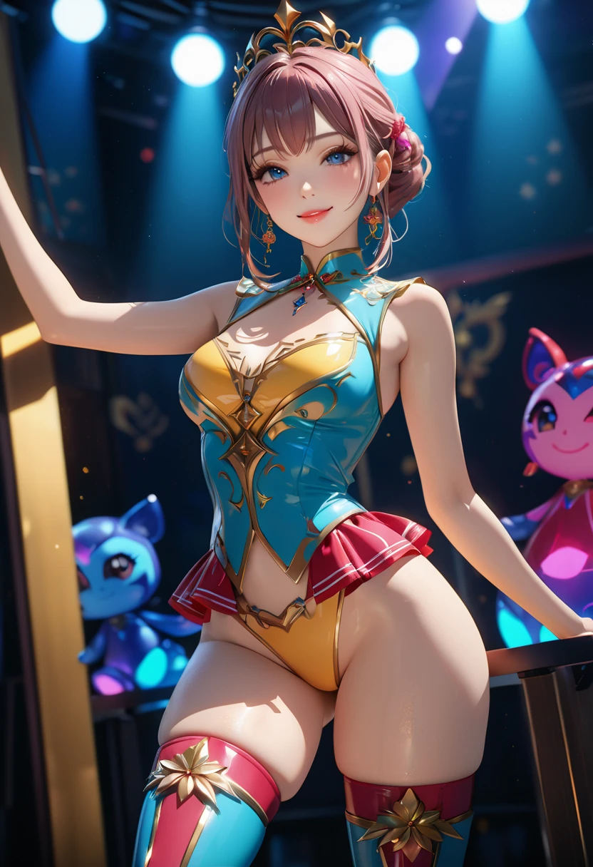 a beautiful virtual idol with thigh high socks and thigh high boots, highly detailed face and body, Charming smile, 3d graffics, realistic skin texture, delicate facial features, beautiful eyes and lips, elegant pose, studio lighting, depth of field, vibrant colors, cinematic color grading, masterpiece, 8k, best quality,newest,