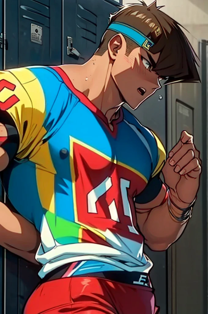 Seto Kaiba from Yu-Gi-Oh, bodybuilder, sweaty, defined body, big legs, locker room, leaning against the lockers, wearing football uniform, vapid stare, sweaty body, big bulging crotch, shoulder pads, football jersey, football cleats, football pants, hypnotized blank stare, open mouth, hyper muscles, hyper swollen crotch bulge, bro, dumber, IQ drain, meathead, musclehead, dumb jock, brainwashed, flexing, hyper crotch bulge, big biceps, big triceps, big traps. broad shoulders, big meaty pecs, big thighs, thick glutes, bubble butt, hyper muscles, football team assimilation, brainwashed, brainwashing, glowing eyes, bro, mindless, brute, "I am a big dumb jock boy.... I am a big dumb jock boy.... I am a big dumb jock boy.... Make more jocks.... Join the team.... You'll be a big dumb jock boy.... Obey, be a good dumb jock boy.... Grow to a big dumb jock boy....  Become just a big dumb jock boy.... No more than a big dumb jock boy.... Give up. Give in. Transform. Enjoy the fate of a big dumb jock boy. Like me, you're a big dumb jock boy.... I am a big dumb jock boy.... Just be a big dumb jock boy.... Must be a big dumb jock boy.... No more than a big dumb jock boy...."