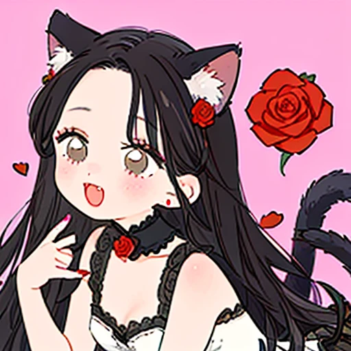  Beautiful woman,  long wavy black hair, brown eyes,  cat ears and tail , fangs,  demon horns ,  and her 3 cats  (🥀)(🌹)(💕)(💖)(🐈⬛ )