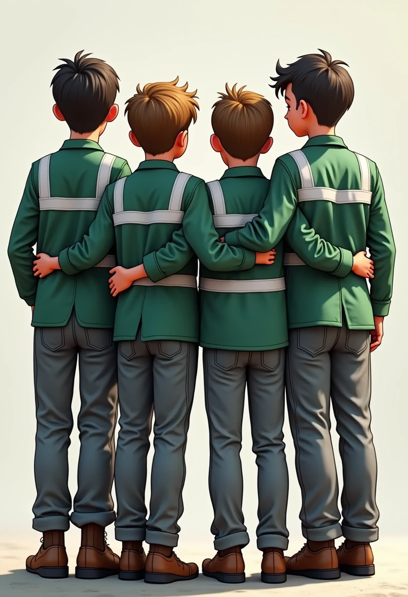 "Four boys wearing SMK safety wearpack uniforms, with their backs facing the viewer, standing side by side with arms around each other's shoulders. They are wearing gray pants and long-sleeved safety wearpacks, with white on the shoulders, upper back, and collar areas, and green for the rest of the outfit, with black line accents."