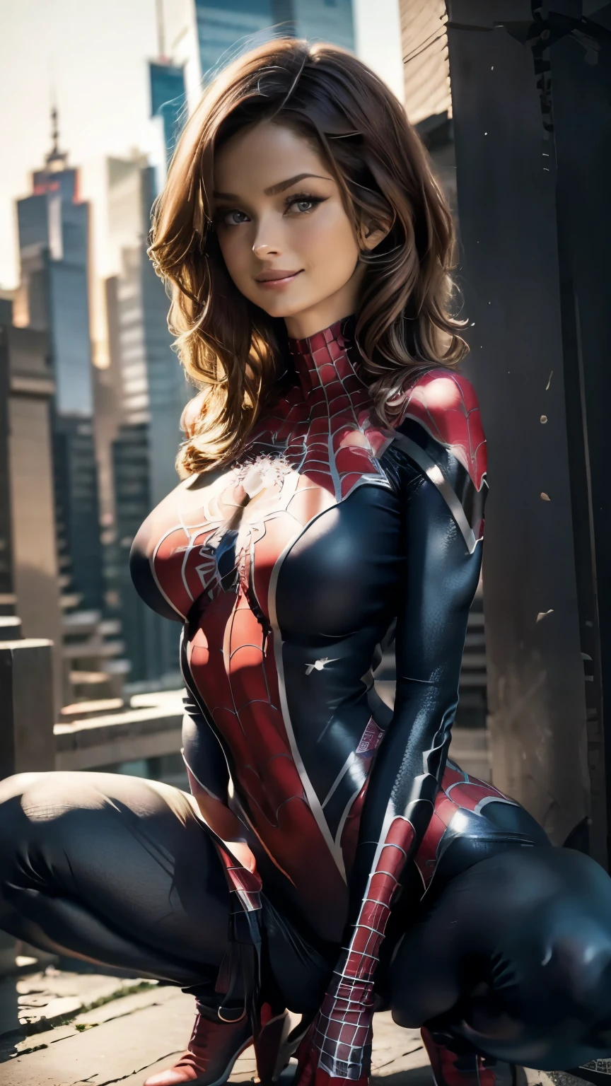  bright color , amazing 8K ,  very detailed, Photographically, masterpiece, 1 woman, shiny skin,  Beautiful White Skin , Tight Spider-Man： Woman in a No Way Home costume {x} Woman in a costume without a mask designed by No Way Home,  Spider-Man without a detailed mask ： No Way Home costume suit , The costume is made of ultra-thin material, so you can see the shape of her body line silhouette,  spider logo on chest ,   Detailed Spider-Man without a mask ： Sexy woman in a No Way Home costume  ,  Breasts big enough to stick out of the body ,  erect nipples that can be seen even from above the costume ,  waist with thin abs , Big round butt ,  erect nipples that can be seen even from above the costume {x} pussy that shows the shape of streaks even from the top of the costume,  Full body balance and attractive body line , Bright smile,  on the roof of the Empire State Building in Manhattan during the daytime, Crouching pose with big chest and knees wide open , Background with a view of the New York cityscape at daytime , Light illuminating her whole body from below , I can see details of her lower body , Angle showing her upper body from her crotch ,  flat contrast portrait, Dramatic Mood Lighting , Anatomically correct , 