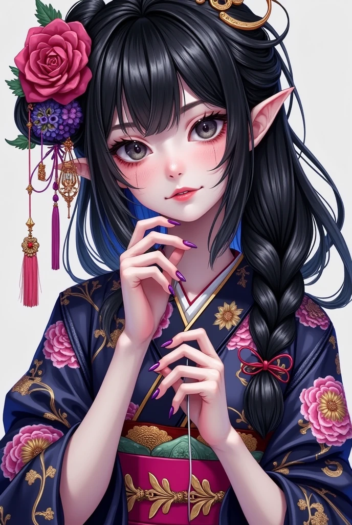 1girl,bangs,black eyes,black hair,black nails,blue eyes,braid,eyeshadow,fingernails,floral print,grey eyes,hair ornament,holding,horns,japanese clothes,kimono,lipstick,long fingernails,long hair,looking at viewer,makeup,nail polish,open mouth,pink nails,pointy ears,purple nails,red nails,scales,sharp fingernails,solo,string,teeth,upper body