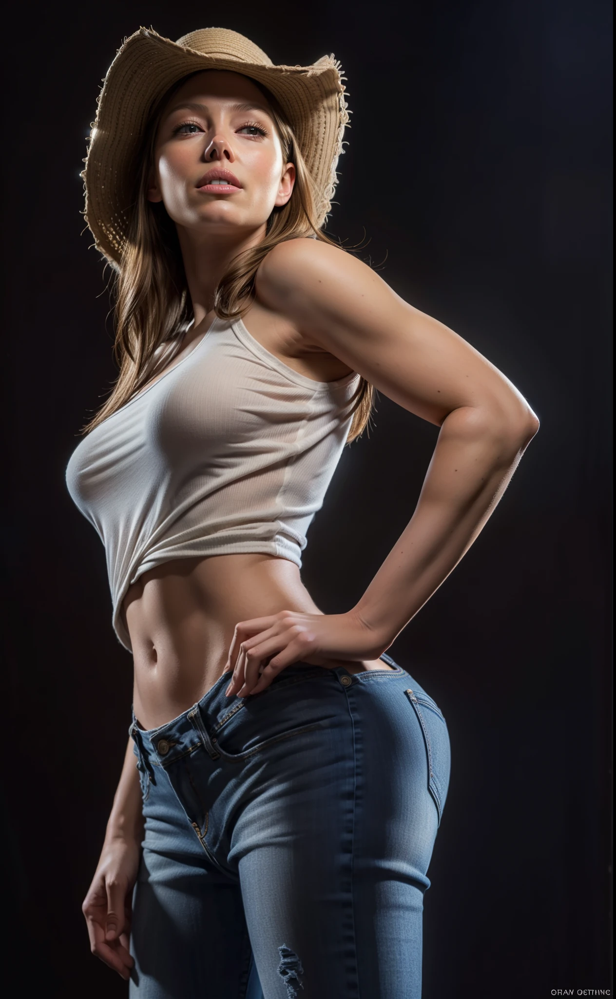 (young Jessica Biel:1.1)( masterpiece:1.3), ( Best quality:1.2), ( intricate detail:1.2), ( hyperrealistic:1.2),  text,  illustration,  crazy resolution ,  Detailed background  , perspective, 1 girl, tight sexy low rise jeans, precise anatomy, (big buttocks:1.2),  perfect hands ,  detailed fingers ,  perfect eyes , seductive eyes, (white tank top:1.2 ), white cotton tank top,  looking at the spectator , big bust,  comic book covers 
