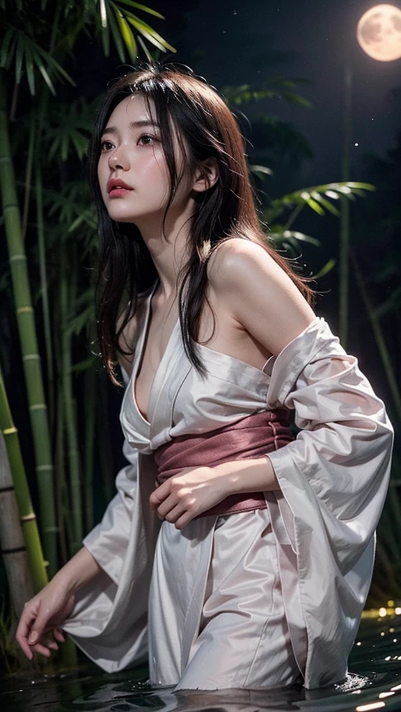 realistic, photogenic, very dark night, bamboo forest, moonlight is reflected in the pond, wearing deep pink colored kimono, exposed nape and shoulder, face is looking up above the sky, the full moon is shining small and high up above her head, extremely brightly lit by moonlight only around her, beautiful long black hair, hair is blowing in the wind, hair is shaggy and dishevelled, beautiful white translucent skin, slendar figure, no makeup, sad expression, slight tears in her eyes, shot from diagonal far, angle looking down from her above　Standing by the seaside