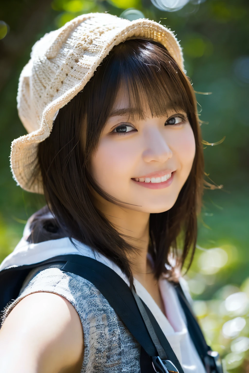 masterpiece,best quality,(Japanese ),((Beautiful girl)),cleavage,(perfect body beauty:1.2),(shy smile),beautiful teeth,(hat),(Shibuya scramble crossing),light colored hat,