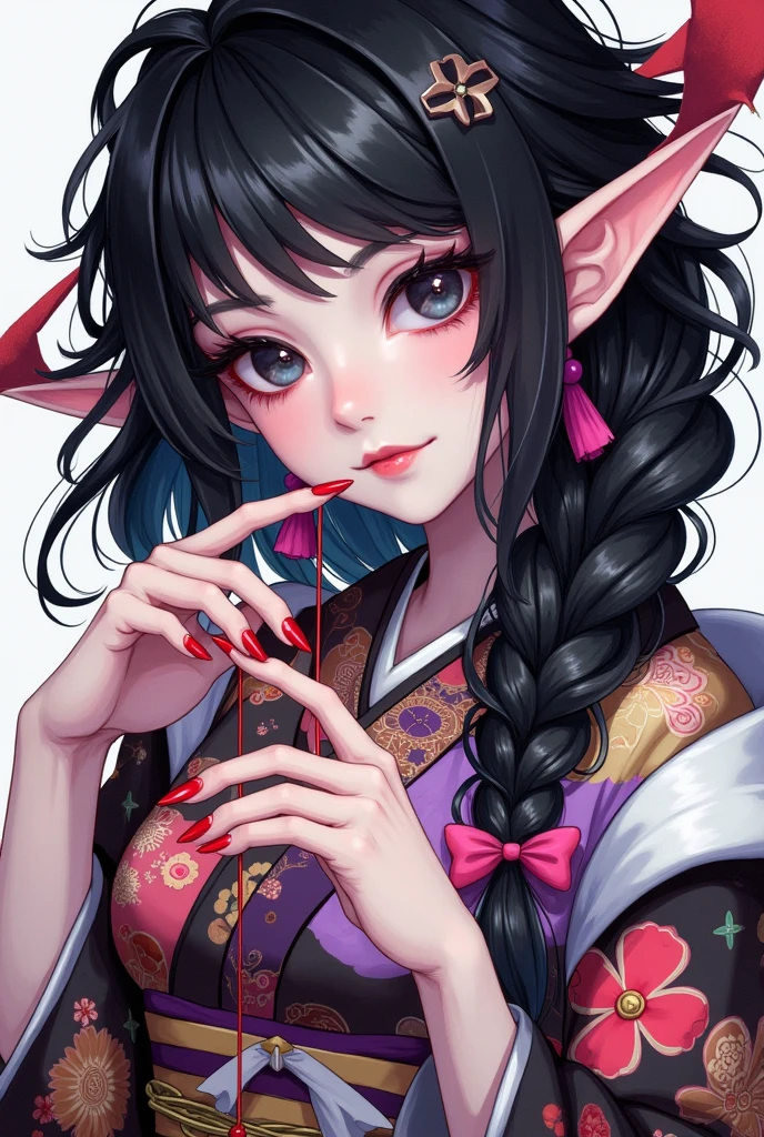 1girl,bangs,black eyes,black hair,black nails,blue eyes,braid,eyeshadow,fingernails,floral print,grey eyes,hair ornament,holding,horns,japanese clothes,kimono,lipstick,long fingernails,long hair,looking at viewer,makeup,nail polish,open mouth,pink nails,pointy ears,purple nails,red nails,scales,sharp fingernails,solo,string,teeth,upper body