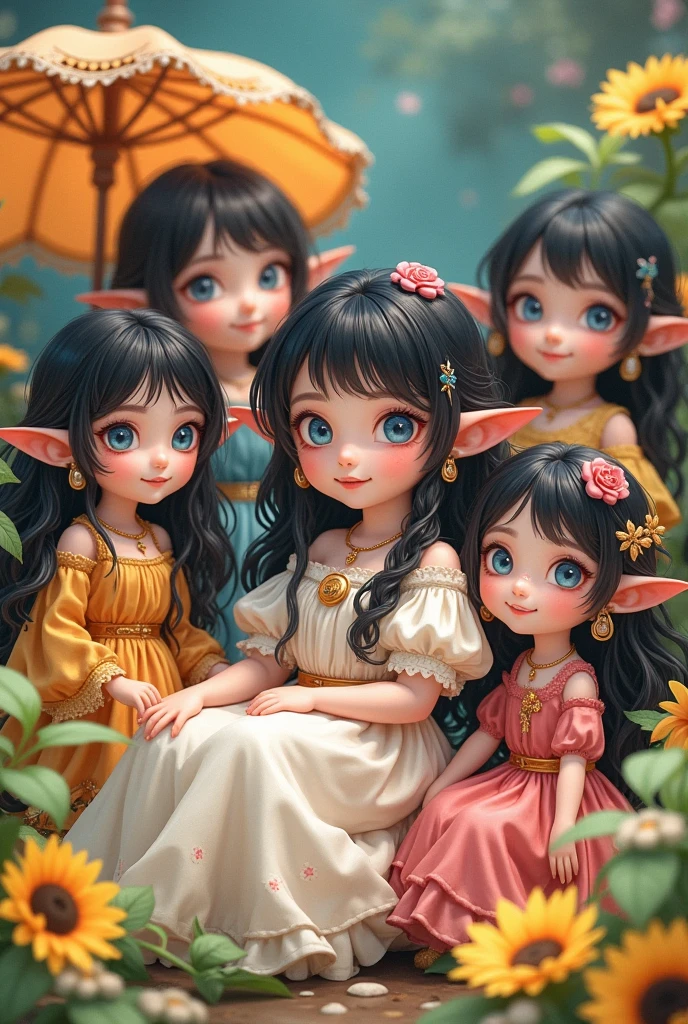 black hair,blue eyes,curtains,dress,earrings,elf,flower,harvin,jewelry,lalafell,leaf,long sleeves,looking at viewer,minigirl,multiple girls,pointy ears,short hair,smile,sunflower,umbrella,yellow flower