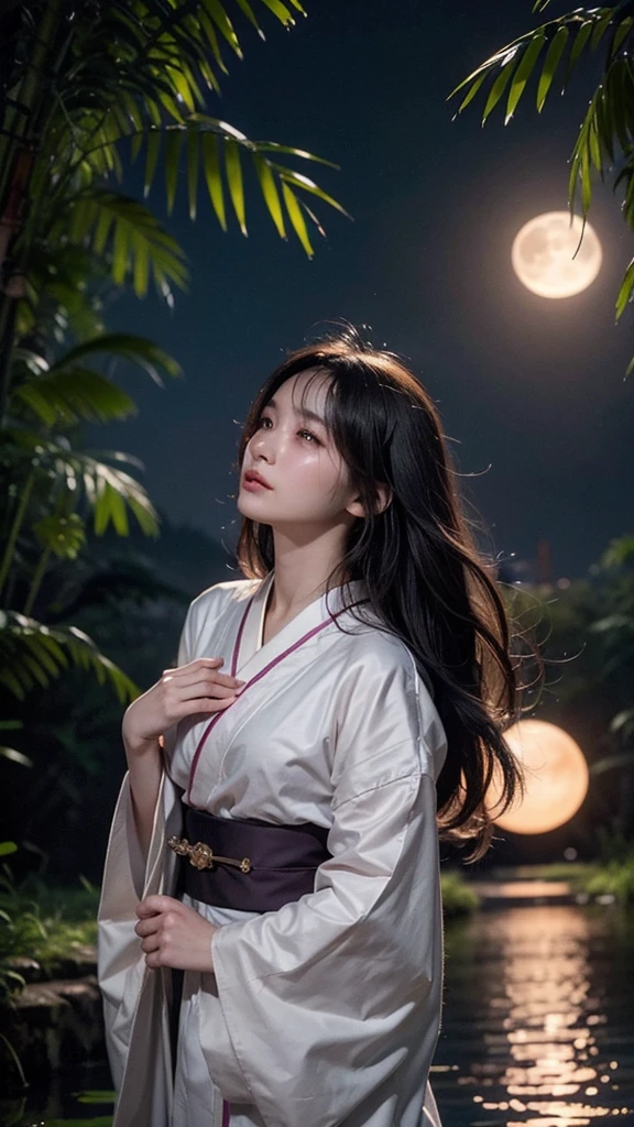 realistic, photogenic, very dark night, bamboo forest, moonlight is reflected in the pond, wearing deep pink colored kimono, exposed nape and shoulder, face is looking up above the sky, the full moon is shining small and high up above her head, extremely brightly lit by moonlight only around her, beautiful long black hair, hair is blowing in the wind, hair is shaggy and dishevelled, beautiful white translucent skin, slendar figure, no makeup, sad expression, slight tears in her eyes, shot from diagonal far, angle looking down from her above　Standing by the seaside at night