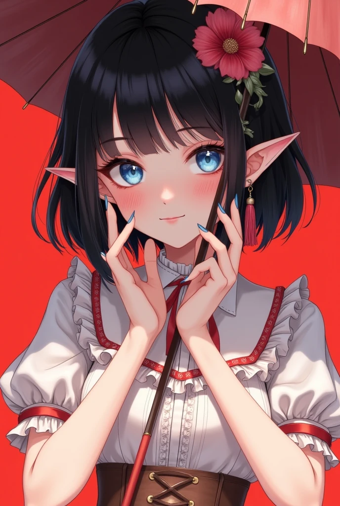 1girl,ascot,bangs,black hair,blue eyes,blunt bangs,blush,closed mouth,earrings,eyelashes,facial mark,fingernails,flower,frills,hair flower,hair ornament,hand on own face,hat,holding,jewelry,long fingernails,long sleeves,looking at viewer,parasol,pointy ears,red background,short hair,smile,solo,umbrella,upper body