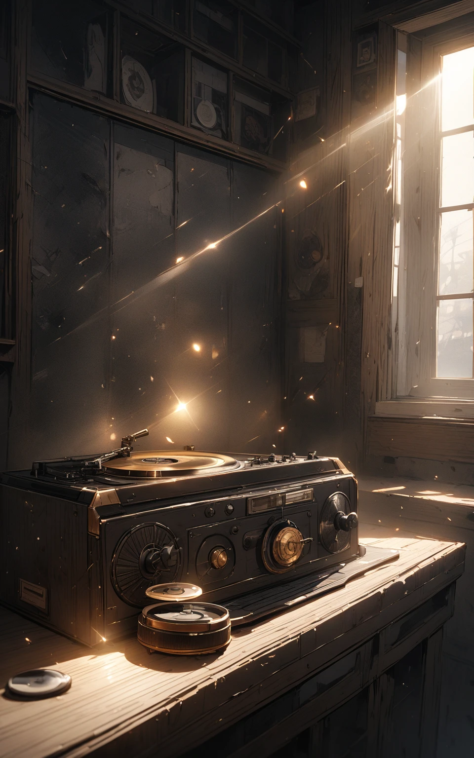 「アナログの温もり」
プロンプト: Hyper-detailed nano-textured vintage record player in 8K resolution, showcasing intricate dust particles and worn textures. The scene features the player bathed in warm, golden sunlight streaming through a nearby window, all rendered with stunning precision and dynamic lighting for a lifelike effect.