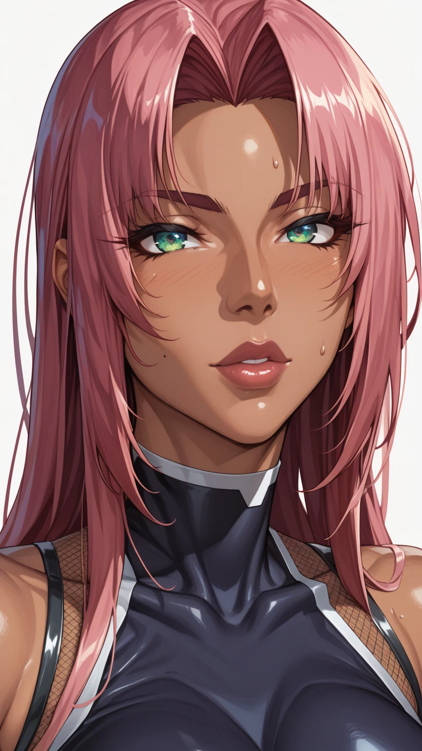 (masterpiece, highres, high quality:1.2), intricate details, cinematic lighting, sharp focus, depth of field, Ingrid, 1girl, mature female, (dark-skinned female:1.1), dark skin, standing pose, seductive expression, ((closeup shot)), looking at viewer, bedroom, caring, seductive, kind, [pink|red] hair, very long hair, hair intakes, makeup, lipstick, (mole under mouth:0.8), eyelashes, yellow eyes, ultra detailed eyes, ultra detailed face, ultra detailed lips, ultra detailed lipstick, ultra detailed makeup helloutfit, (turtleneck:1.1), cleavage 