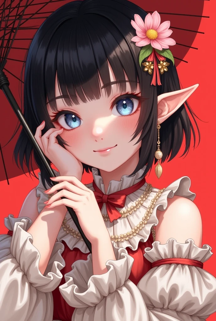 1girl,ascot,bangs,black hair,blue eyes,blunt bangs,blush,closed mouth,earrings,eyelashes,facial mark,fingernails,flower,frills,hair flower,hair ornament,hand on own face,hat,holding,jewelry,long fingernails,long sleeves,looking at viewer,parasol,pointy ears,red background,short hair,smile,solo,umbrella,upper body