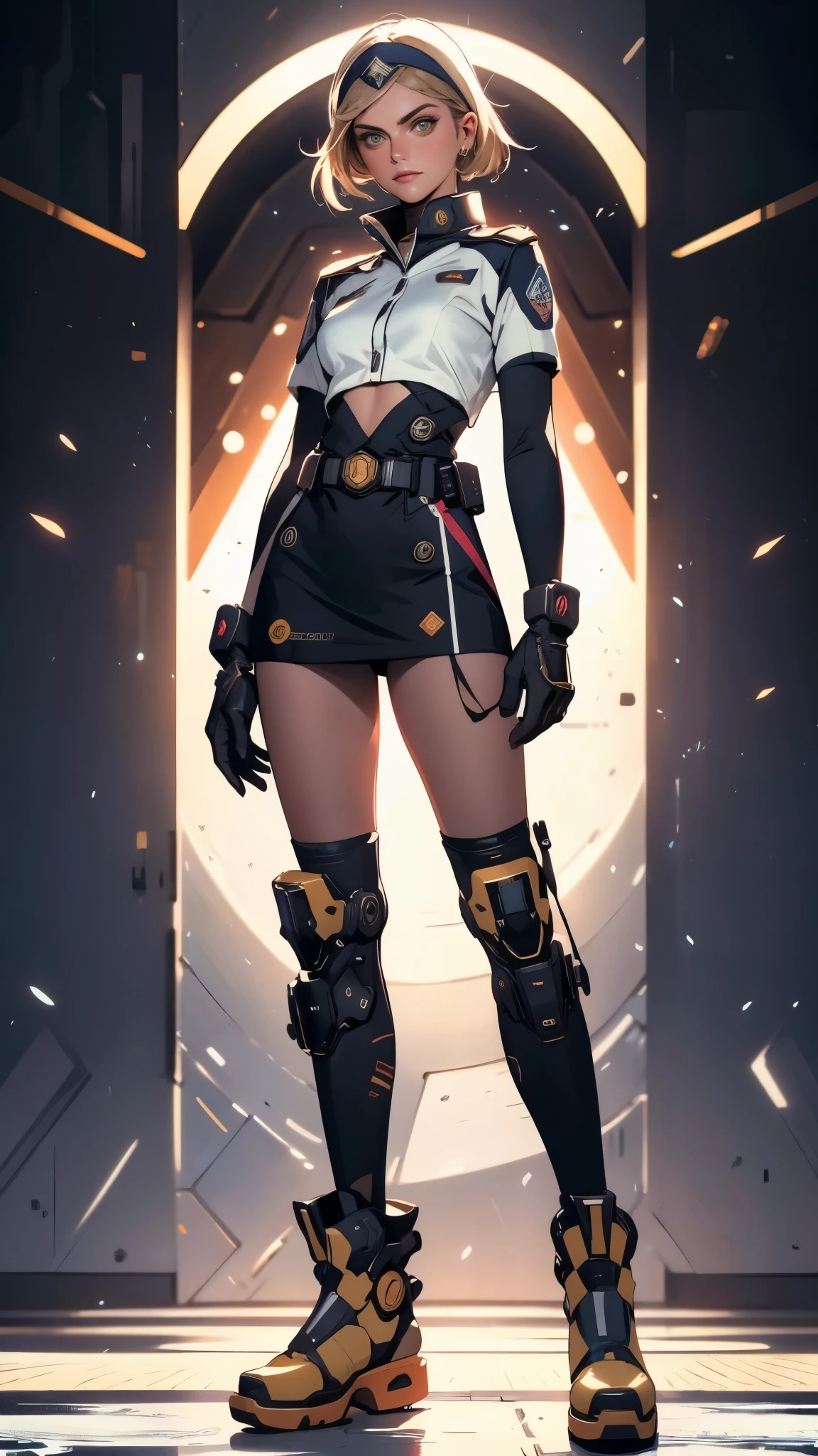 (masterpiece:1.2, best quality:1.2, extremely delicate:1.2), ((Alexandra Daddario:1.2)), a girl with short light golden hair, a metal headband on her forehead, icy gaze, detached expression, smooth and exquisite facial appearance, perfect body, perfect skin, porcelain skin, pale skin, sci-fi military uniform, short sleeves, gloves, short skirt integrated with the outfit, dark fitted pants, knee-high military boots, the color scheme is primarily White with Blue and Yellow accents, surrounded by AR virtual interfaces, standing in a futuristic sci-fi-styled room, this character embodies a finely crafted futuristic sci-fi female officer in anime style, exquisite and mature art style, exquisite photography, Photo realism, photorealistic, even and soft lighting on face, dramatic, high definition, highres, ultra-detailed, ultra-fine painting, professional, perfect body proportions, anatomically correct, symmetrical face, extremely detailed eyes and face, high quality eyes, creativity, RAW photo, UHD, 32k, portrait lighting, Natural light, cinematic lighting, (masterpiece-anatomy-perfect:1.2)