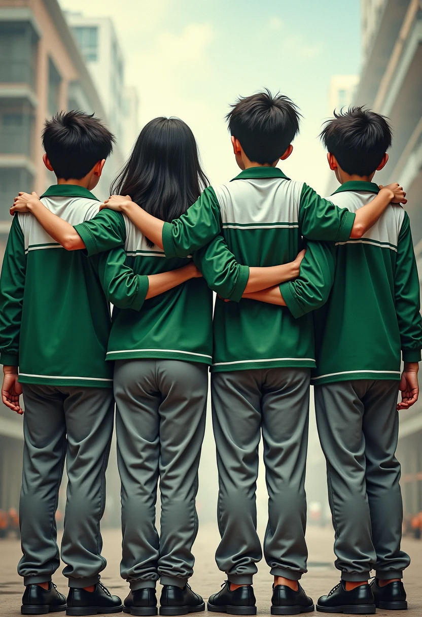 "Four high school teenagers wearing SMK safety wearpack uniforms, with their backs facing the viewer, standing side by side with arms around each other's shoulders. They are wearing gray pants and long-sleeved safety wearpacks, with white on the shoulders, upper back, and collar areas, and green for the rest of the outfit, with black line accents. The style is inspired by high school ultras, with a rebellious and bold look, set in a gritty, energetic atmosphere."