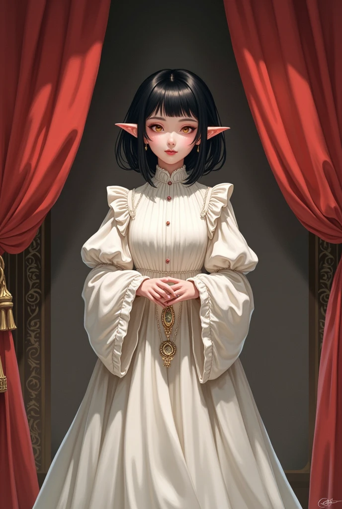 1girl,bangs,black hair,blunt bangs,closed mouth,curtains,dress,holding,jewelry,long sleeves,looking at viewer,pointy ears,puffy sleeves,short hair,solo,standing,white dress