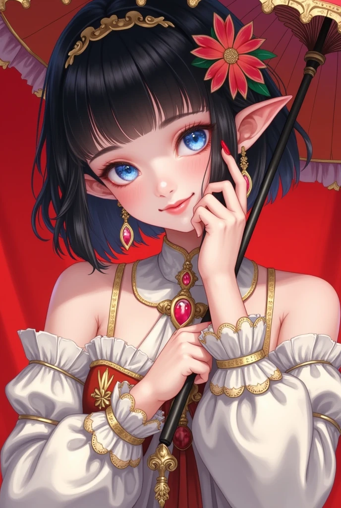 1girl,ascot,bangs,black hair,blue eyes,blunt bangs,blush,closed mouth,earrings,eyelashes,facial mark,fingernails,flower,frills,hair flower,hair ornament,hand on own face,hat,holding,jewelry,long fingernails,long sleeves,looking at viewer,parasol,pointy ears,red background,short hair,smile,solo,upper body