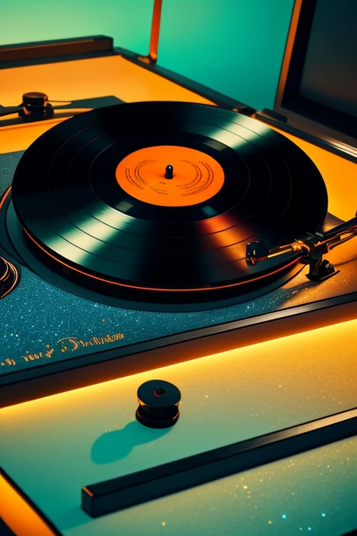 Masterpiece, classic record player, the black record board is spinning, vintage wooden turntable with intricate details and a polished surface, highly detailed. The arm is metallic silver-gray, depicting the moment the arm drops the needle.  anatomically correct, Dynamic effects flow as a small hologram, with blue silhouettes of an elegant couple dancing (twirling or swaying gracefully) arranged around the turntable, floating gracefully in the air. The focus is on the dancing couple, with particles of light gently swirling around them, and purple musical notes floating up and surrounding them. Dim lighting, with soft orange lights illuminating the turntable from below, casting a warm glow around it. Simple indoor background, with moving illustration, glitter effect, background blur, fluorescence, digital art, 8k.