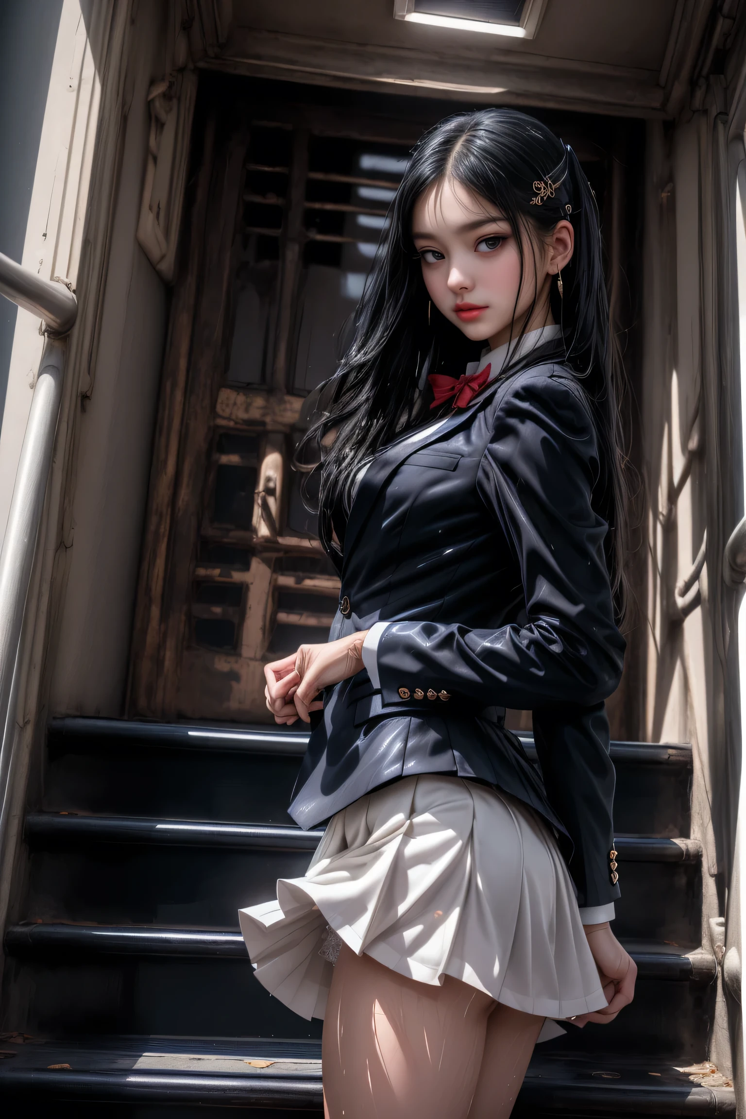 (School stairs), charming eyes,Heartwarming action,A ,(Rear view),(look back),look back,Look up at the head,thick long black hair, highly detailed body, in a skirt {x} very detailed face, best quality,(High school girl),(High school girl),,((White blazer、Badge))、(White blouse)、( red bow tie)、((navy blue check flare skirt ))、( black stockings)、(smile)(girl hiding in wet black lace)、(best qualtiy)),((Superior Quality, 8k, tmasterpiece: 1.5)), Pubic area is clear: 1.2, Perfect Body Beauty： 1. 4) Wet Skin, smile, Film texture, Photorealistic, High image quality, 1 person, single, High hips、