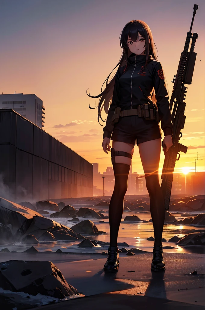 force, Multiple names , cityscape,  Building,  skyline, sunset,  silhouettes against clouds , meditation. Watching the beautiful sunset, sunset時に, sunset時, sunsetとともに, In the sunset,  Great views , Sunset view, With the sunset, sunset時に, During Golden Hour, looking sunset時に, Sunset in the background, Watching the sunset,  be illuminated by the spotlight, holding_gun, assault_rifle,  very detailed,  review, Long Hair, Anime Style, whole body, Alone,  stylish gunfighter girl , スチームパンクの長gun身ピストルを持っている, standing in the wilderness , 8k high resolution, White background,  The background is a dark and desolate landscape , Horror movie vibes. Her figure is very beautiful,  emphasizes dark and crazy elements . Skillfully expressing the effects of light and shadow, Anime girls with guns and rifles, from  girl&#39; Frontline,  mechanical soldier girl ,  girl&#39; Frontline style