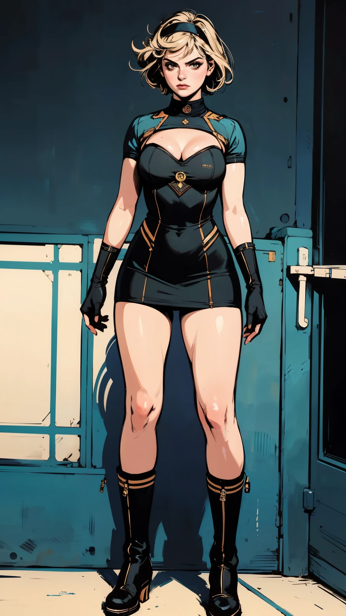 One girl, Mature Adult, Dark brown hair, Blue leotard, barefoot, boots, gloves, Hands on hips, casino, bracelet, Green Eyes, alone, single, Bob Hair