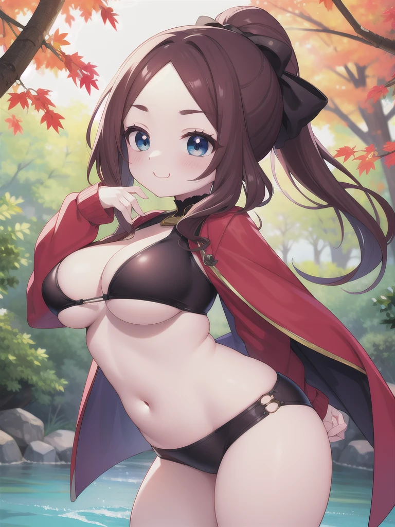  masterpiece,  best quality,  high resolution, (( Waifu thin and thick:1.3)), large breasts, short blue hair in a high ponytail, (crop top underboobs;1,8), (panzee:1,8) , Cowboy shot , red maple tree, automne, happy, sunlight, slim girl, Front view, collier,  precious red jewelry, river background , loli body, leonardo da vinci rider,