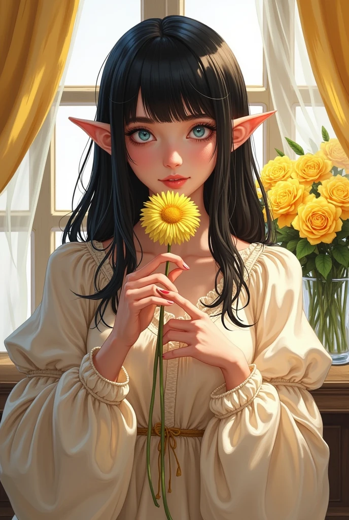 1girl,bangs,black hair,blue eyes,blush,brown hair,curtains,dandelion,dark elf,dress,elezen,elf,fingernails,flower,harvin,holding,holding flower,lalafell,lips,long hair,long pointy ears,long sleeves,looking at viewer,parted lips,pointy ears,puffy long sleeves,puffy sleeves,solo,sunflower,upper body,vase,yellow flower,yellow rose